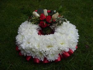 Wreath - Crysanth, Red Carnation & White Rose - £41.00