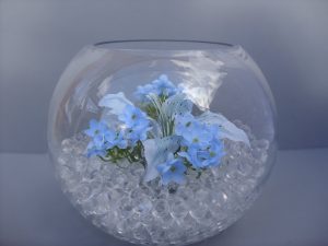 Table Decoration - Goldfish bowl with Lily, Blue Orange Flower and waterbeads - from £15.00