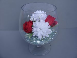 Table Decoration - Brandy Glass with Roses, Chrysanthemums, Gypsophila and glass pebbles - from £17.00