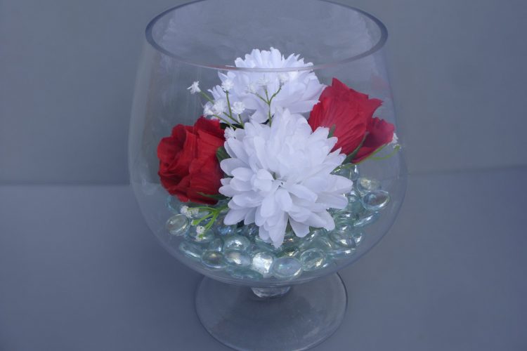 Table Decoration - Brandy Glass with Roses, Chrysanthemums, Gypsophila and glass pebbles - from £17.00