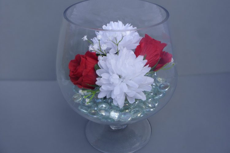 Table Decoration - Brandy Glass with Roses, Chrysanthemums, Gypsophila and glass pebbles - from £17.00