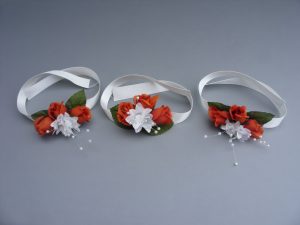 Wrist Corsage - Burnt Orange Roses on satin ribbon - from £4.50 each