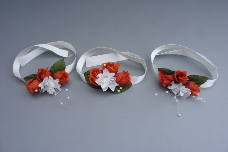 Wrist Corsage - Burnt Orange Roses on satin ribbon - from £4.50 each