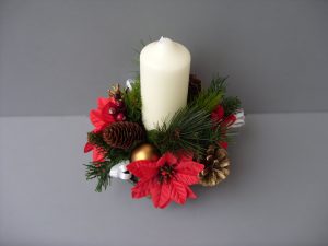 Table Arrangement - White Candle, Cones, Poinsettia & Gold Baubles - from £8.00
