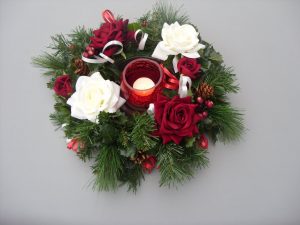 Table Arrangement - Red & White Roses, Cones & Berries with Glass Tealight Holder - from £18.00