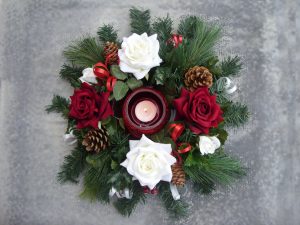 Table Arrangement - Red & White Roses, Cones & Berries with Glass Tealight Holder - from £18.00