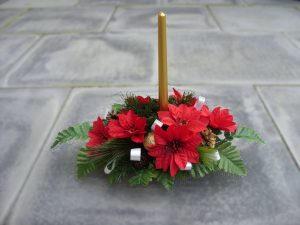 Table Centre Piece - Golden Candle, Poinsettia, Cones, Baubles & Foliage - from £15.00