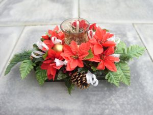 Table Centrepiece - Glass Hurricane Lamp, Poinsettia, Cones, Baubles & Foliage - from £19.00