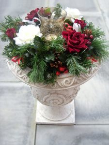 Table Arrangement - White & Red Roses, Cones, Berries & Holly with Glass Hurricane Lamp (Urn not included) - £21.00