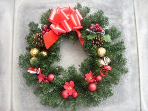 18” Wreath - Berry Picks, Gold & Red Baubles, Cones & Red Bow - from £17.00