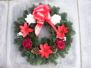 18” Wreath - Red & White Roses, Poinsettia & Cones & Red Bow - from £17.00