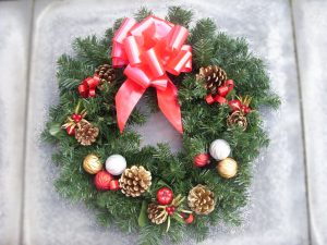 18” Wreath - Apple & Poinsettia Picks, Cones, Baubles & Red Bow - from £17.00